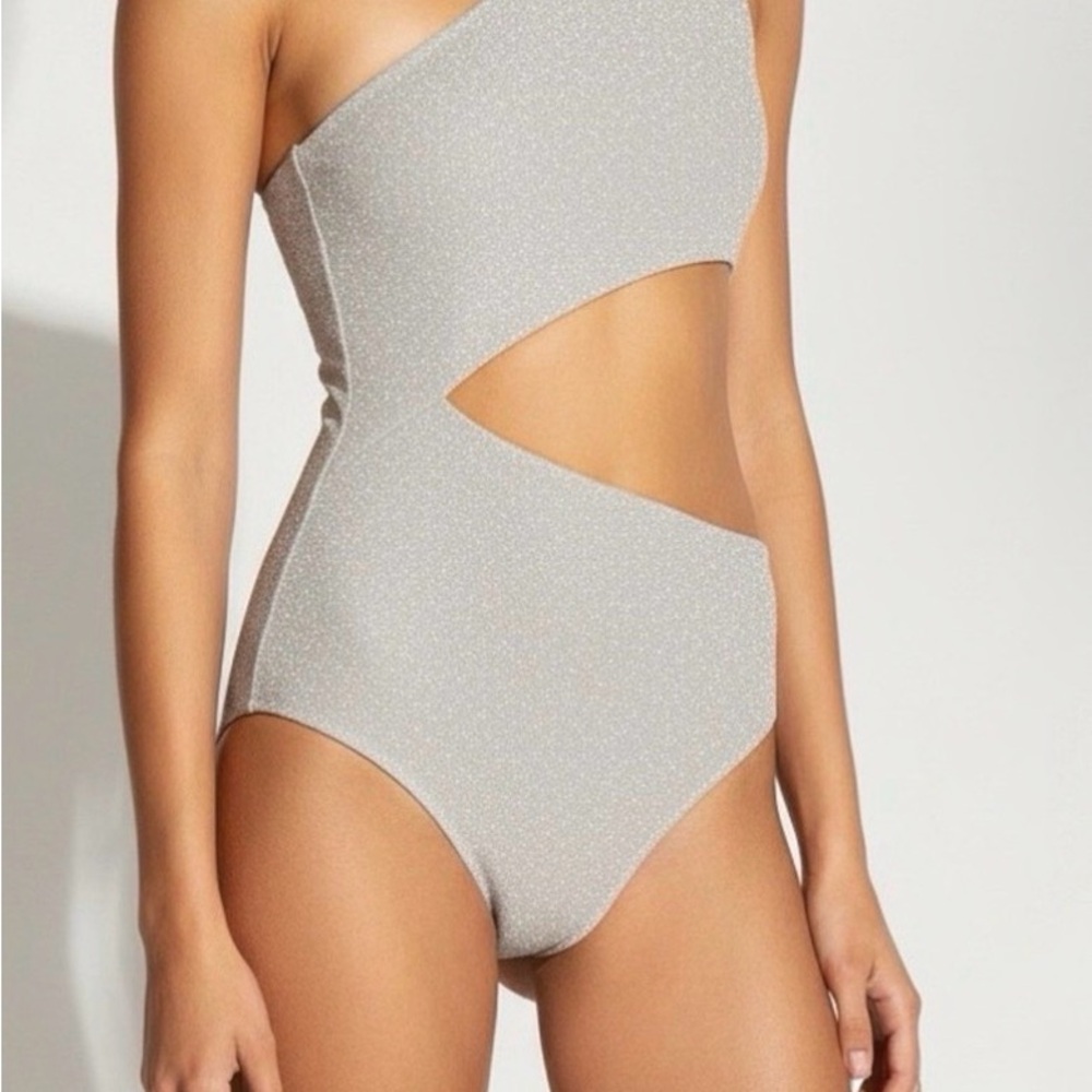 Beach Riot Celine Swimsuit One-Shoulder Shimmery Silver Swimsuit